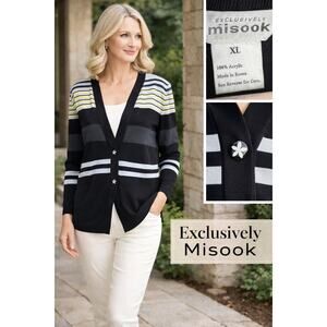 Exclusively Misook Acrylic Black Blue Yellow Button Cardigan Jacket Sweater XL
